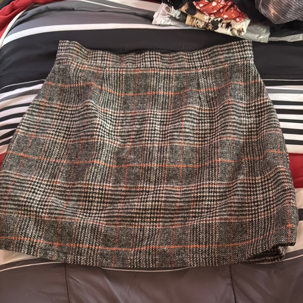 Plaid A-Line Skirt - Black, Gray, and Orange